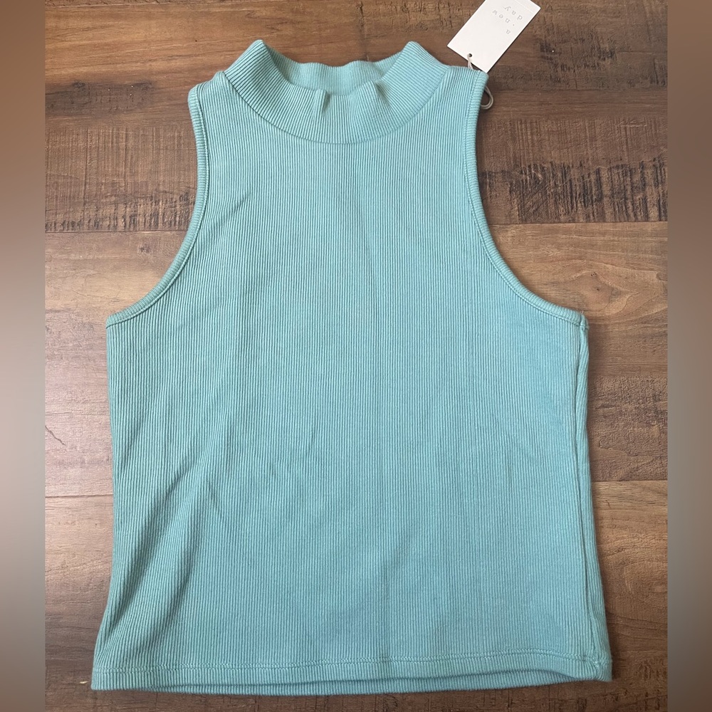 A New Day Tank Top Women's Blue Slim Mock Neck Sleeveless Cotton Ribbed